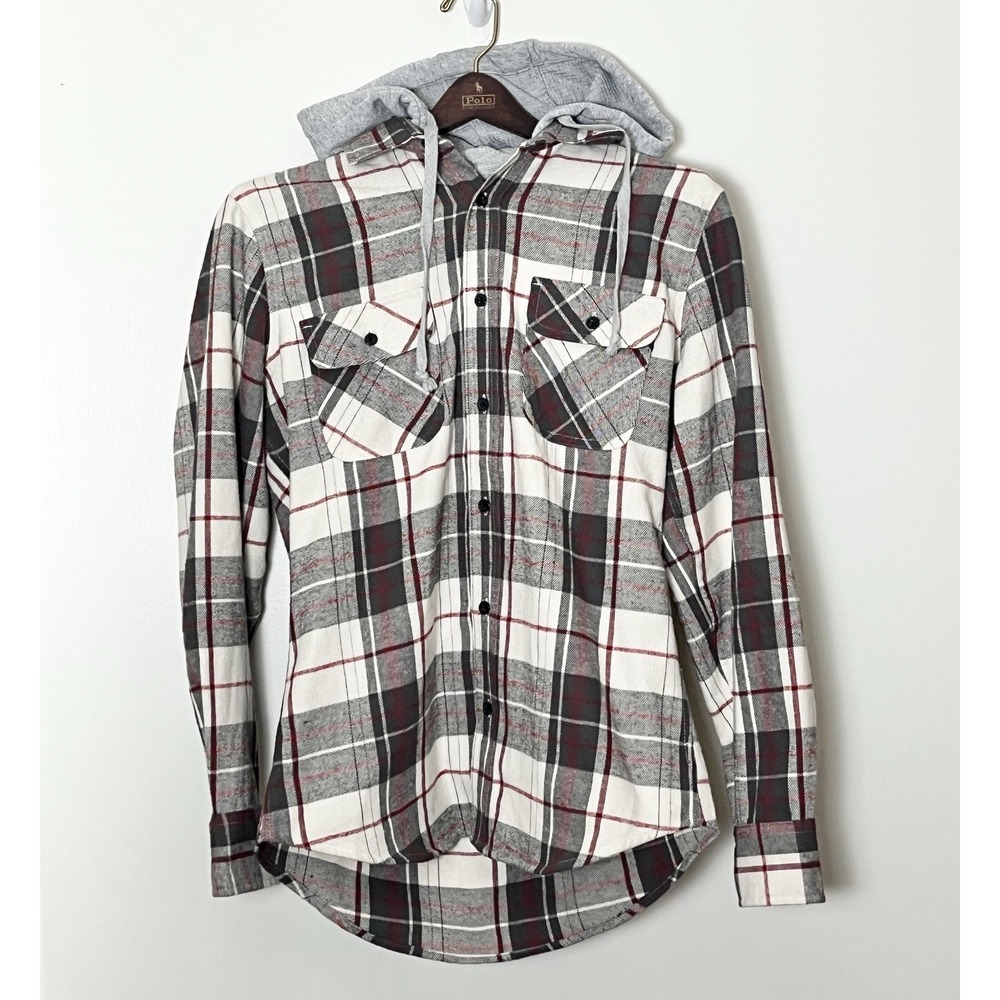 Free Planet Flannel Shirt Men's Small Gray Plaid Hooded Grunge Lumberjack Cabin